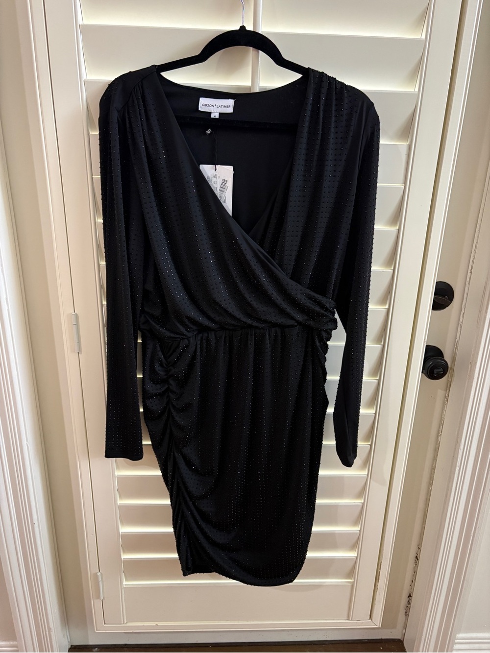 Gibson Latimer Black Long-Sleeve Ruched Wrap Dress